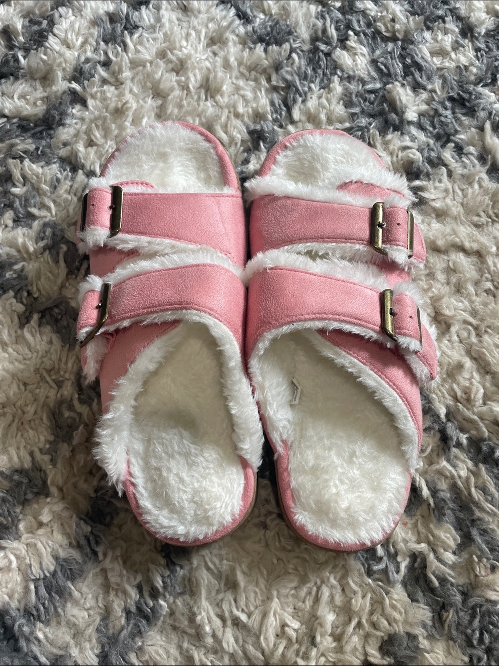 Womens Pink Faux-Fur Double Buckle Slides